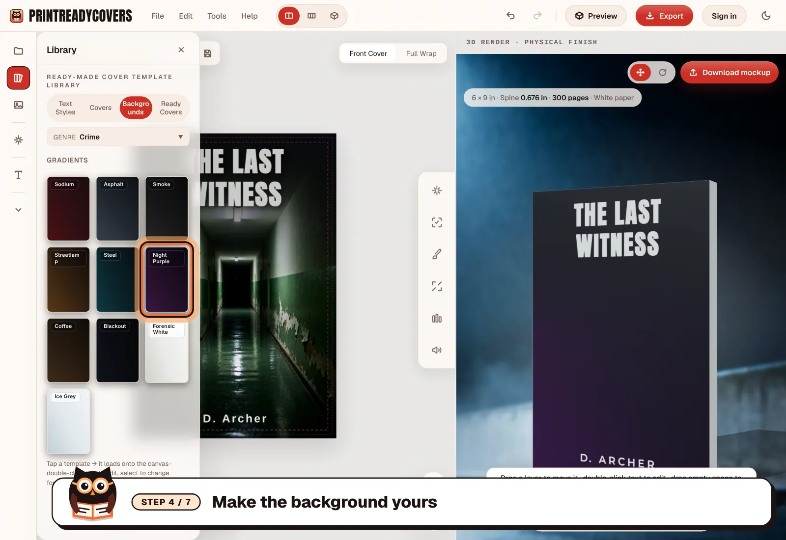 Make the background yours — screenshot of the PrintReadyCovers studio