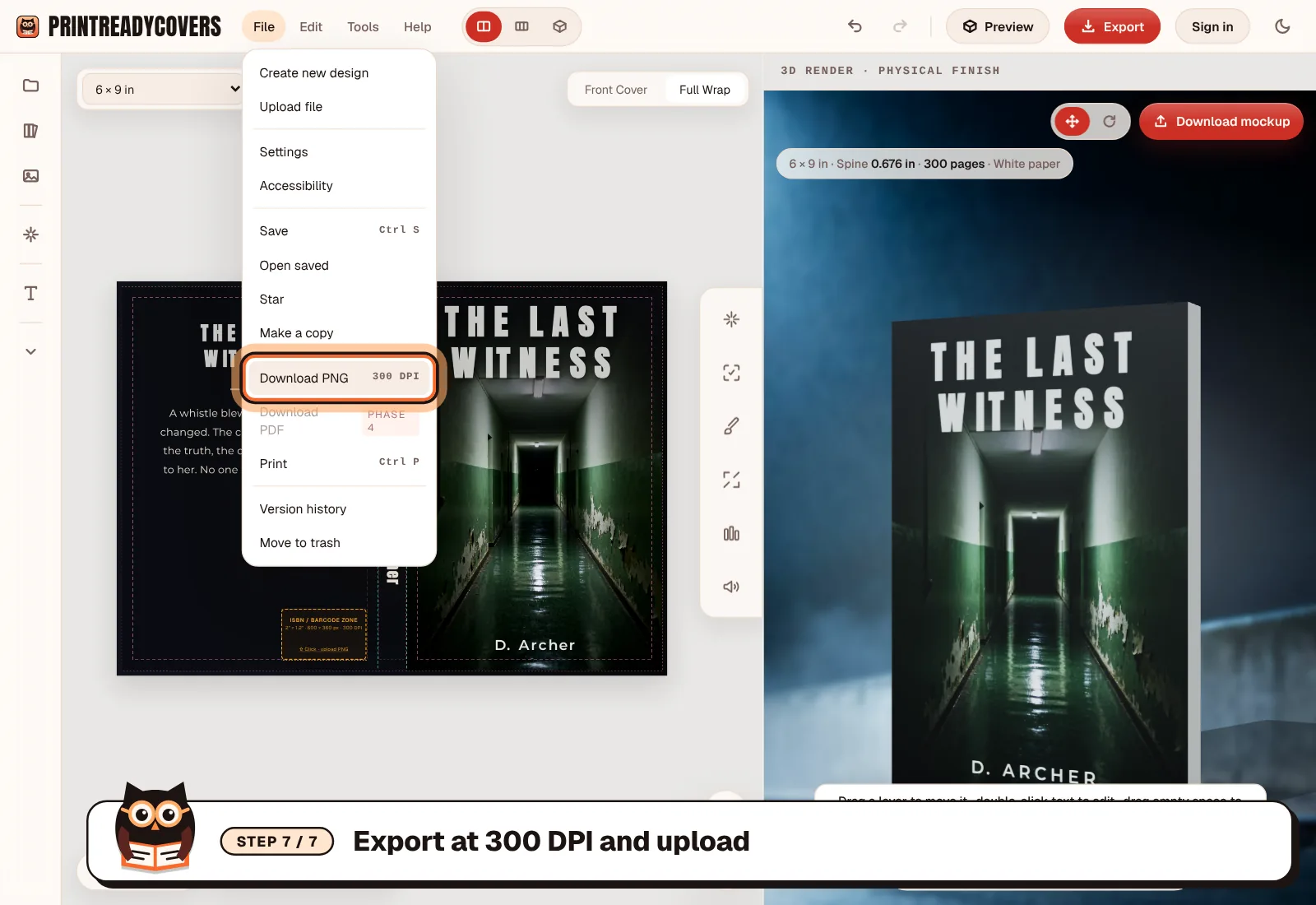 Export at 300 DPI and upload — screenshot of the PrintReadyCovers studio