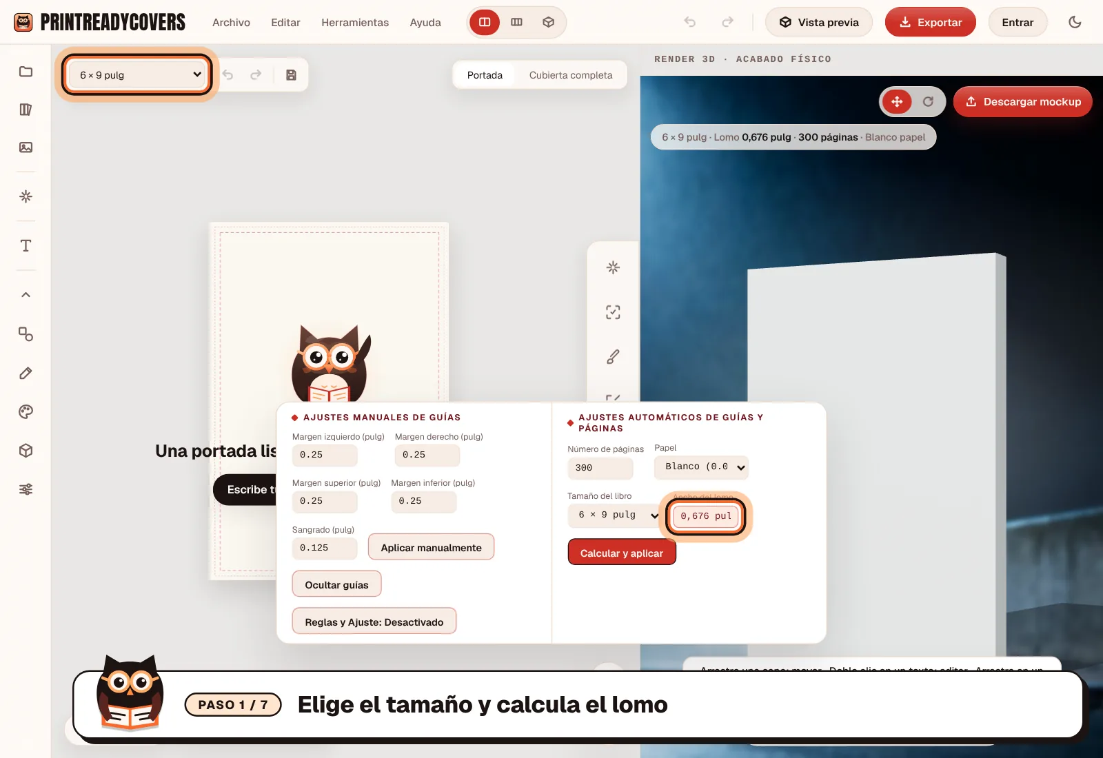 Elige el tamaño y calcula el lomo — captura del estudio PrintReadyCovers