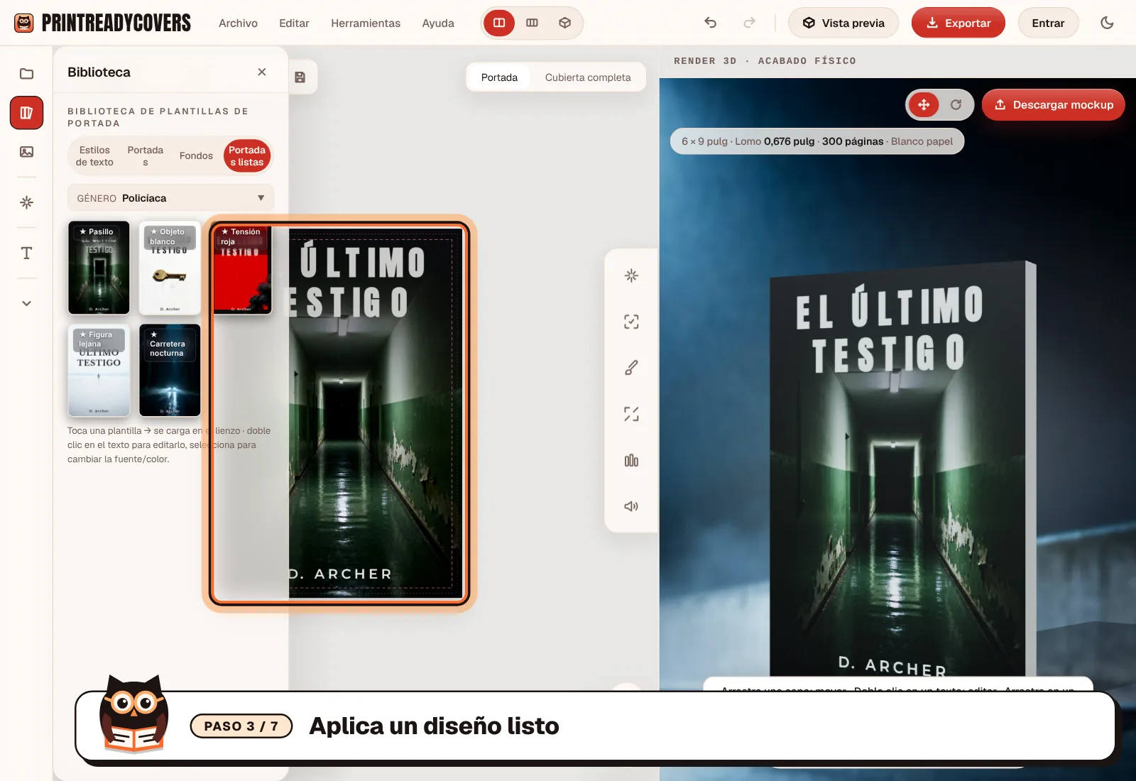 Aplica un diseño listo — captura del estudio PrintReadyCovers
