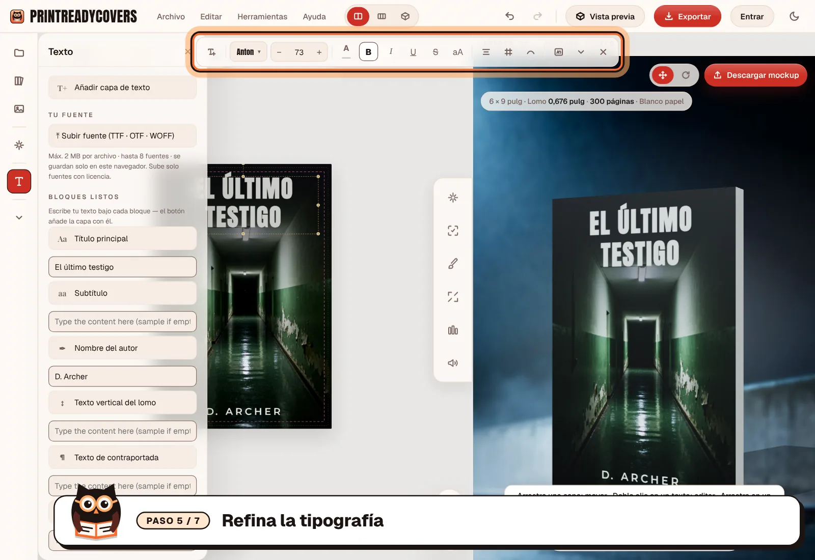 Refina la tipografía — captura del estudio PrintReadyCovers