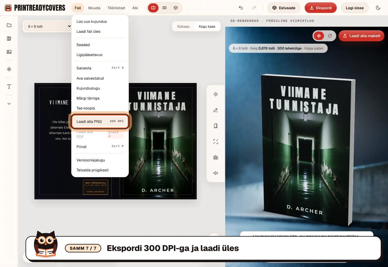 Ekspordi 300 DPI-ga ja laadi üles — PrintReadyCovers stuudio ekraanipilt