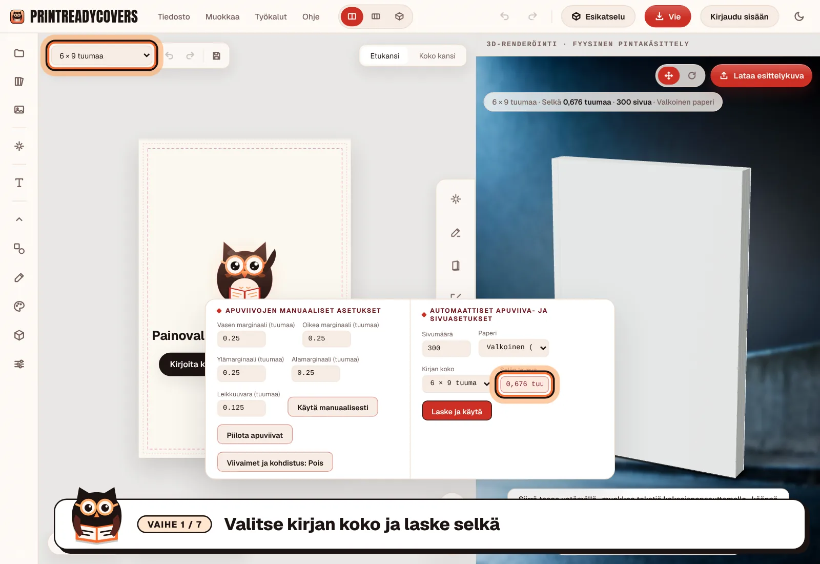 Valitse kirjan koko ja laske selkä — kuvakaappaus PrintReadyCovers-studiosta