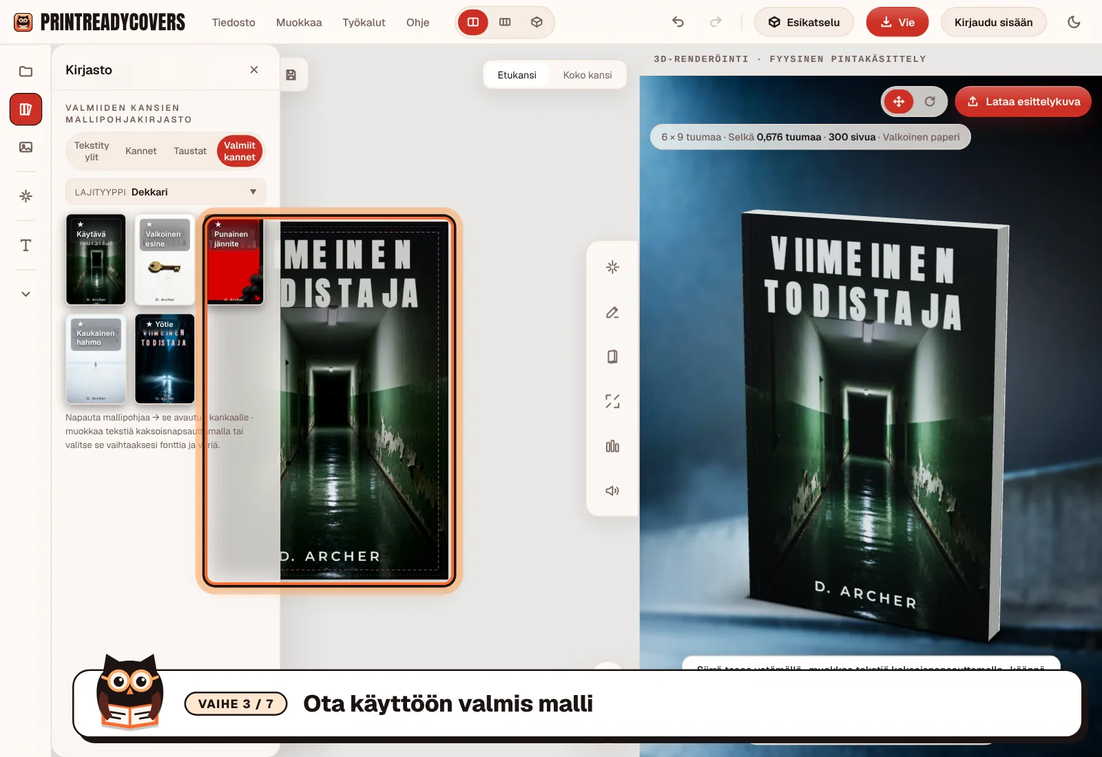 Ota käyttöön valmis malli — kuvakaappaus PrintReadyCovers-studiosta