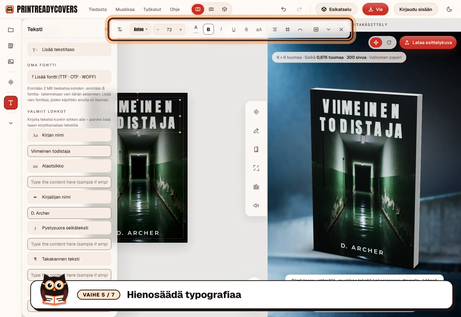 Hienosäädä typografiaa — kuvakaappaus PrintReadyCovers-studiosta