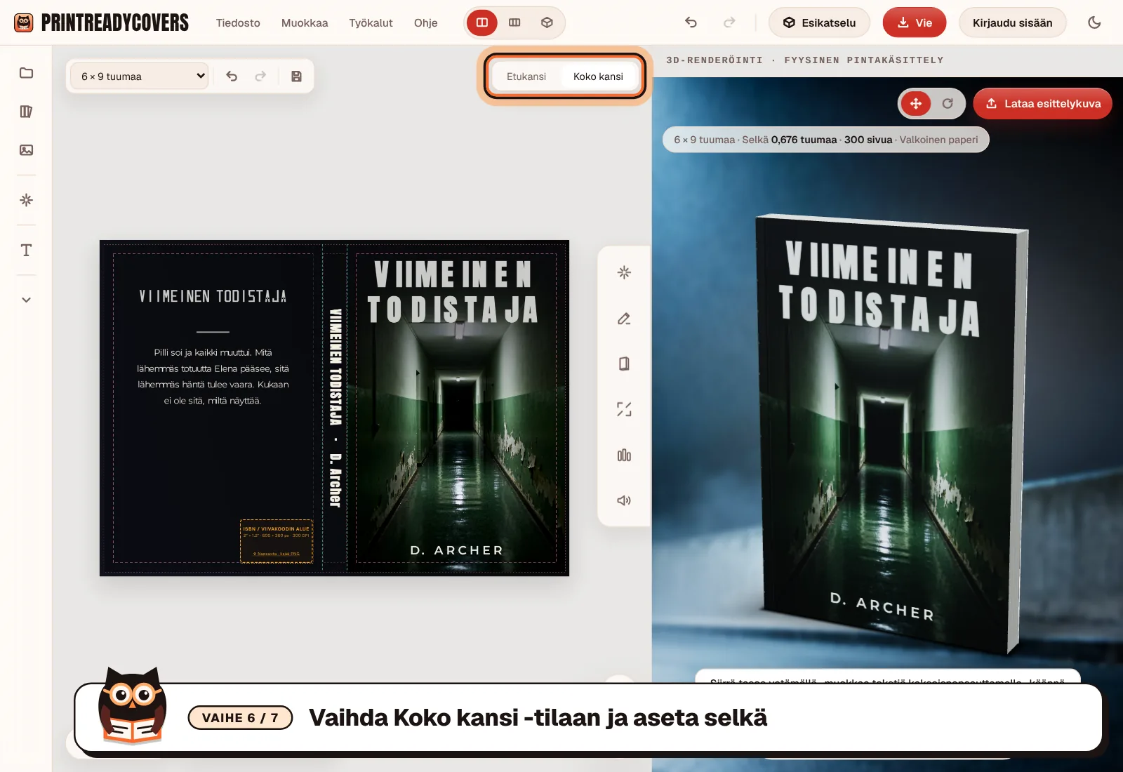 Vaihda Koko kansi -tilaan ja aseta selkä — kuvakaappaus PrintReadyCovers-studiosta