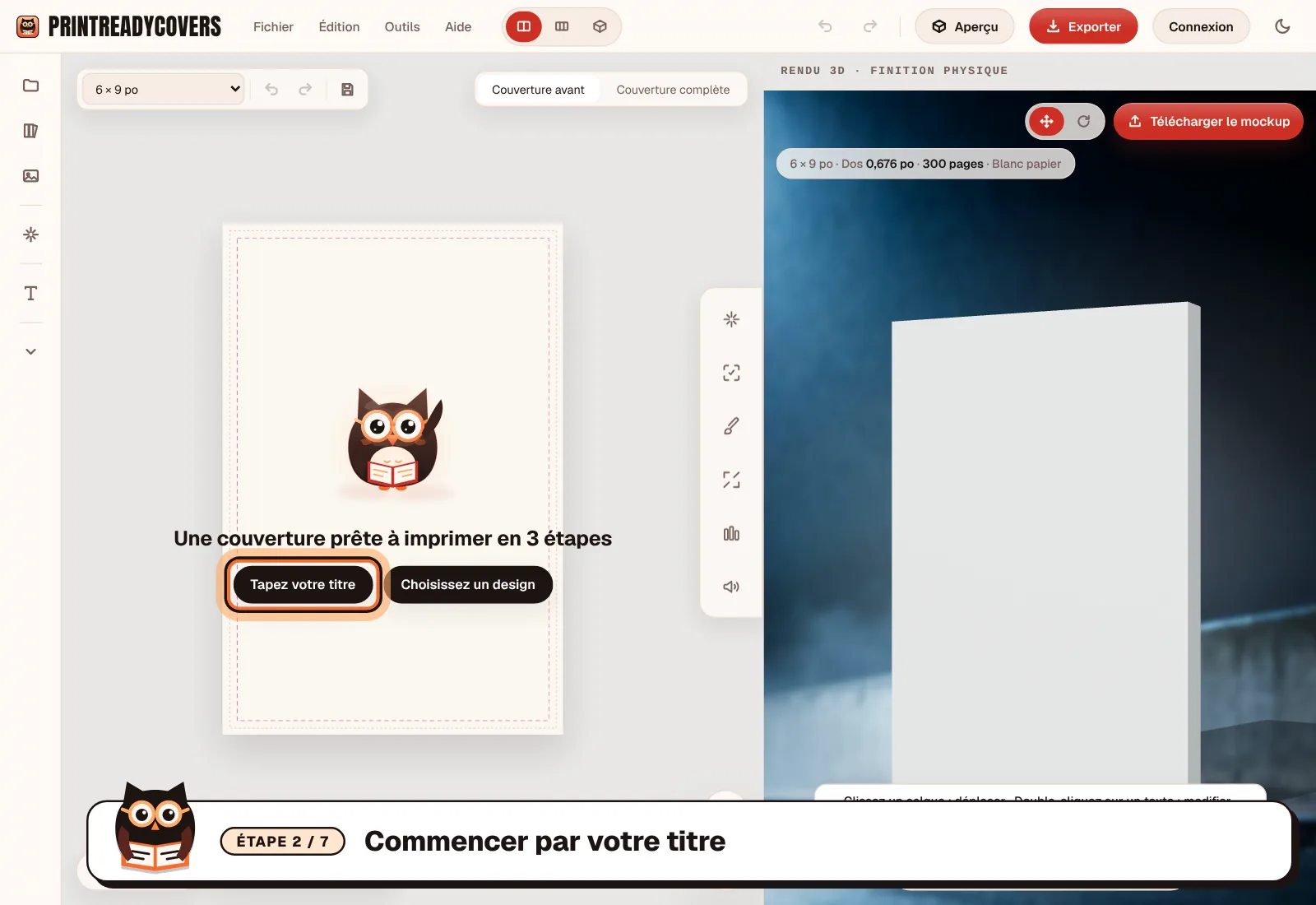 Commencer par votre titre — capture d'écran du studio PrintReadyCovers