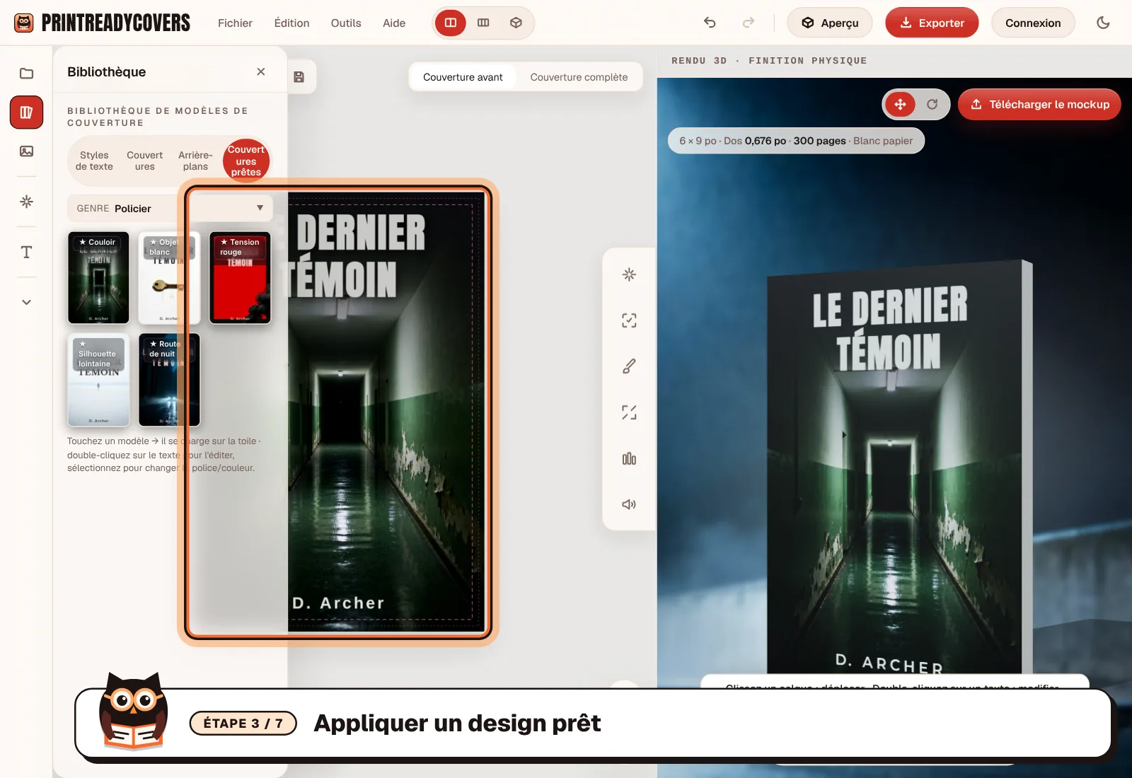 Appliquer un design prêt — capture d'écran du studio PrintReadyCovers
