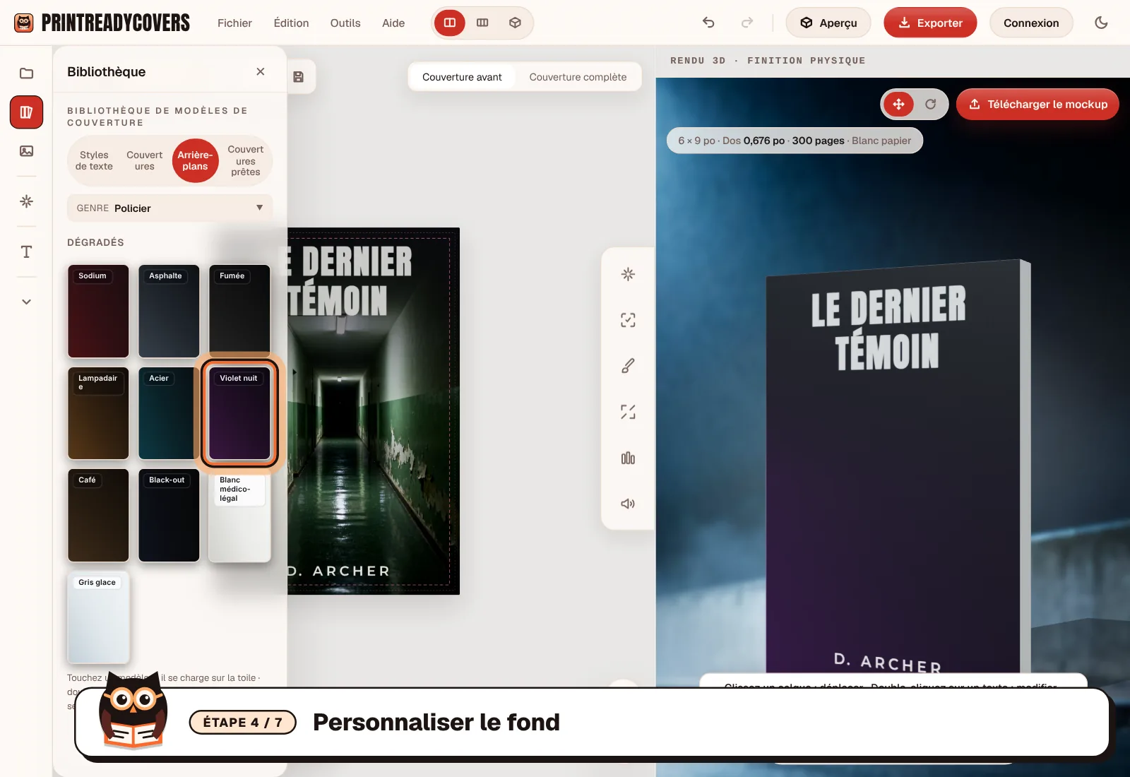 Personnaliser le fond — capture d'écran du studio PrintReadyCovers