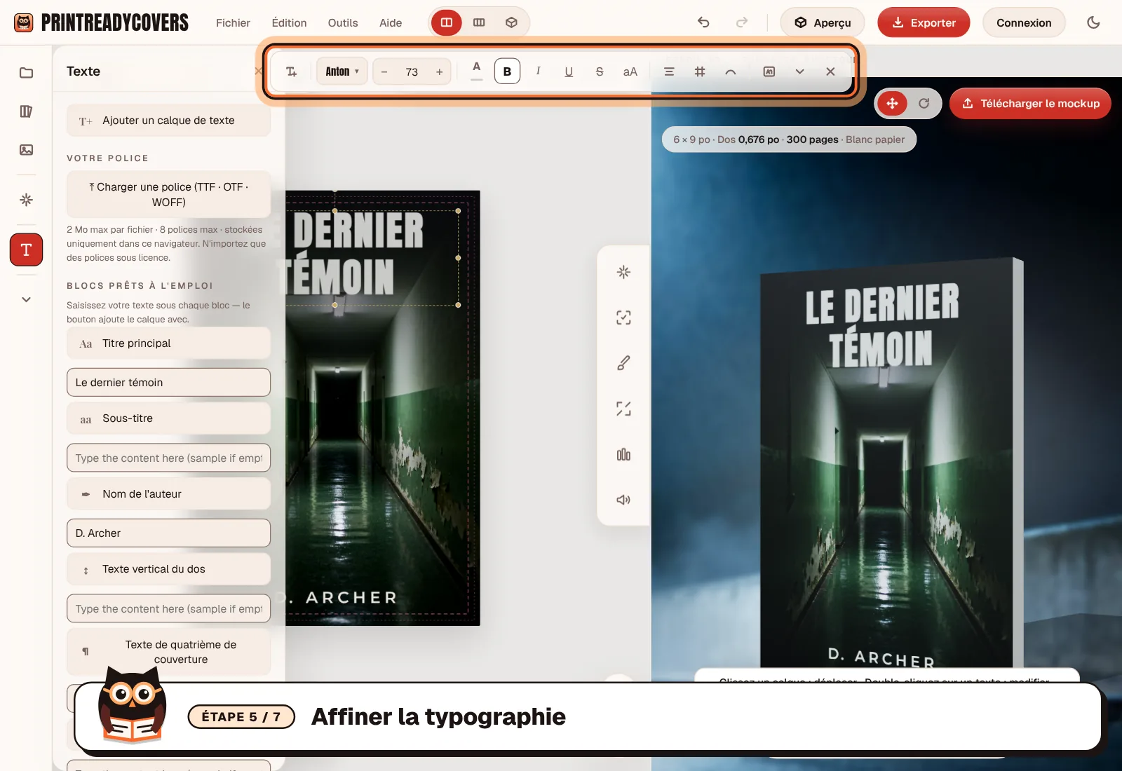 Affiner la typographie — capture d'écran du studio PrintReadyCovers