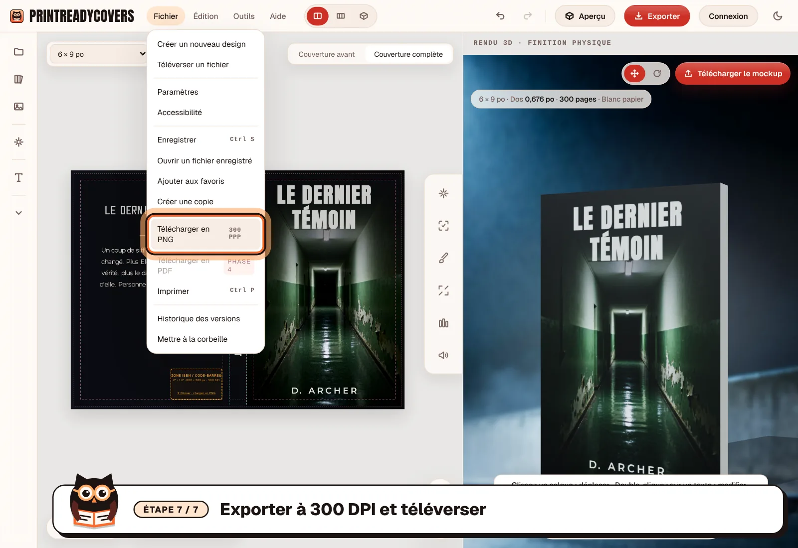Exporter à 300 DPI et téléverser — capture d'écran du studio PrintReadyCovers