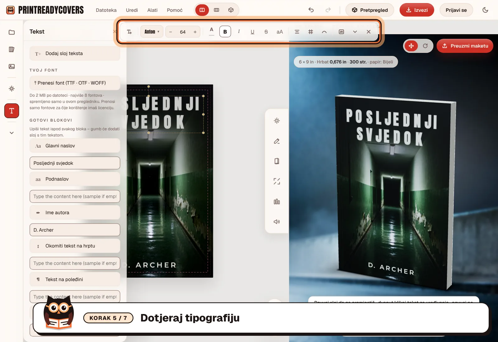 Dotjeraj tipografiju — snimka zaslona studija PrintReadyCovers