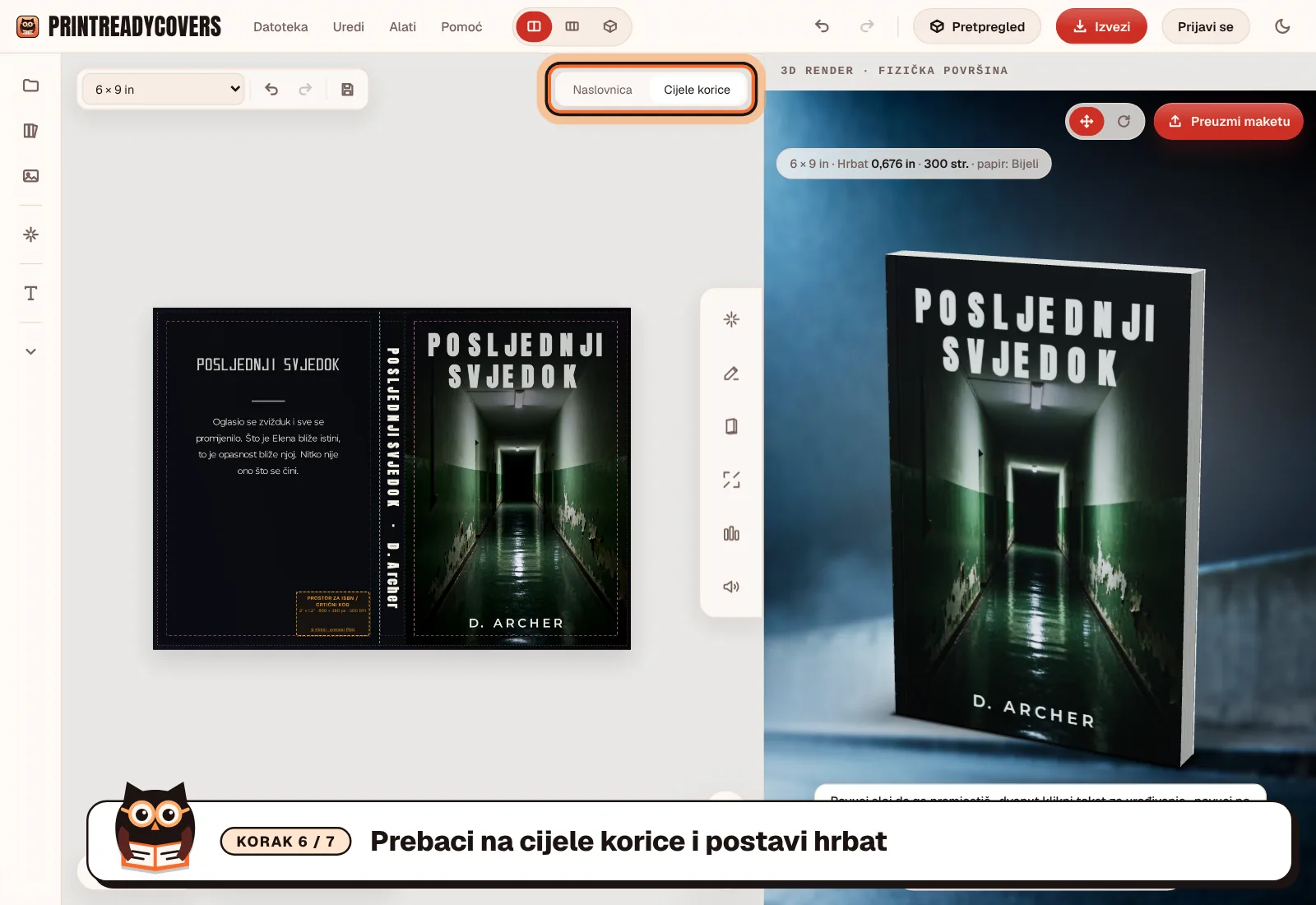 Prebaci na cijele korice i postavi hrbat — snimka zaslona studija PrintReadyCovers