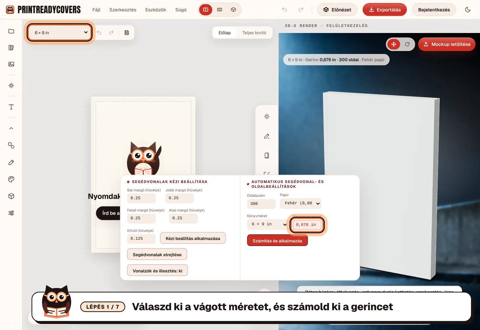 Válaszd ki a vágott méretet, és számold ki a gerincet — a PrintReadyCovers stúdió képernyőképe