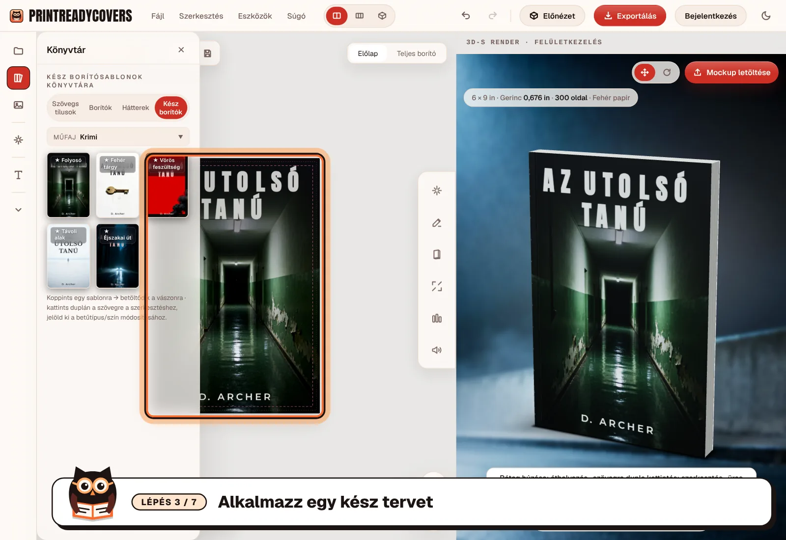 Alkalmazz egy kész tervet — a PrintReadyCovers stúdió képernyőképe