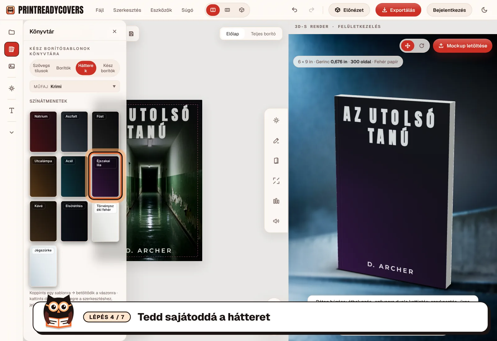 Tedd sajátoddá a hátteret — a PrintReadyCovers stúdió képernyőképe