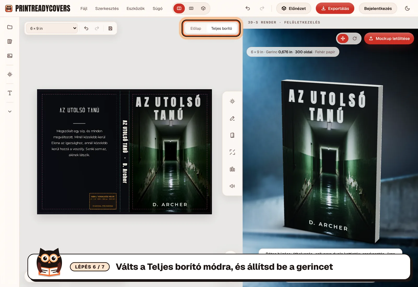 Válts a Teljes borító módra, és állítsd be a gerincet — a PrintReadyCovers stúdió képernyőképe