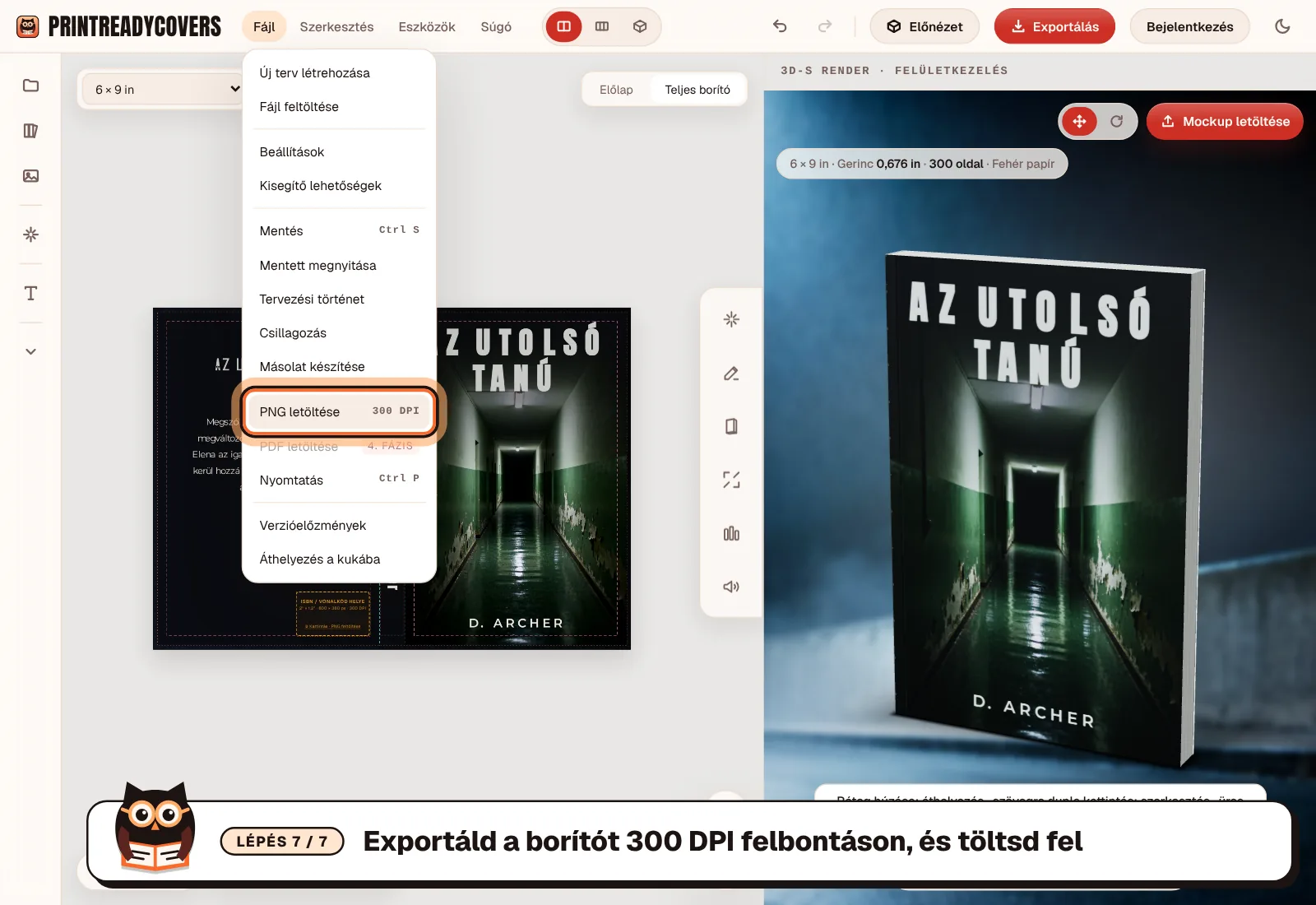 Exportáld a borítót 300 DPI felbontáson, és töltsd fel — a PrintReadyCovers stúdió képernyőképe