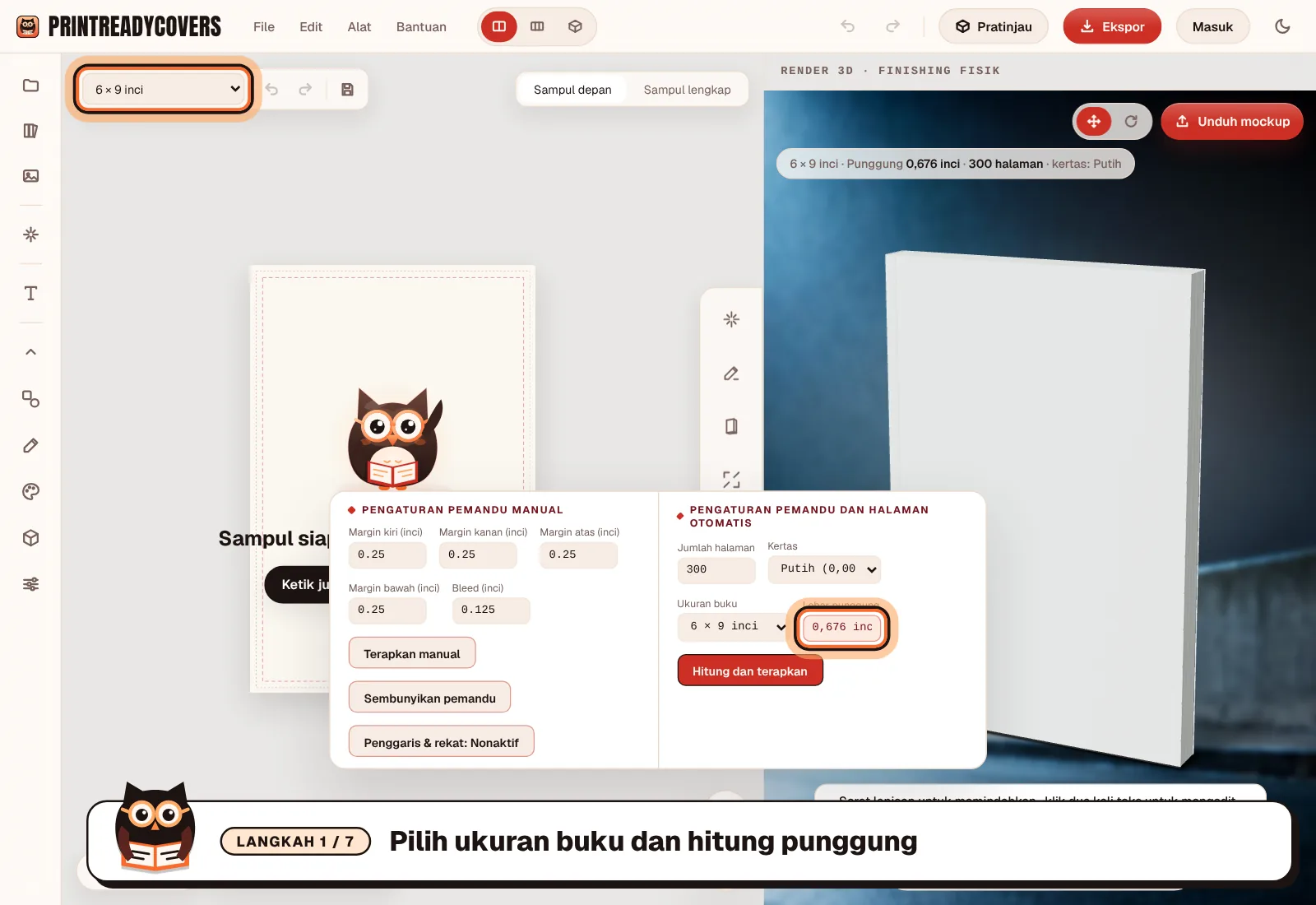 Pilih ukuran buku dan hitung punggung — tangkapan layar studio PrintReadyCovers