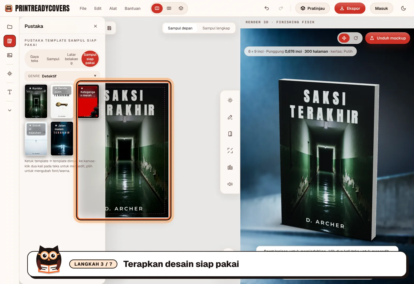 Terapkan desain siap pakai — tangkapan layar studio PrintReadyCovers