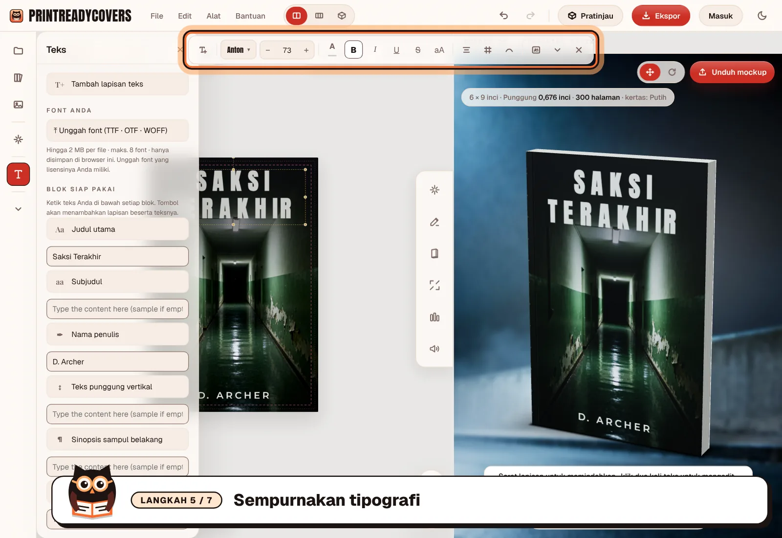 Sempurnakan tipografi — tangkapan layar studio PrintReadyCovers