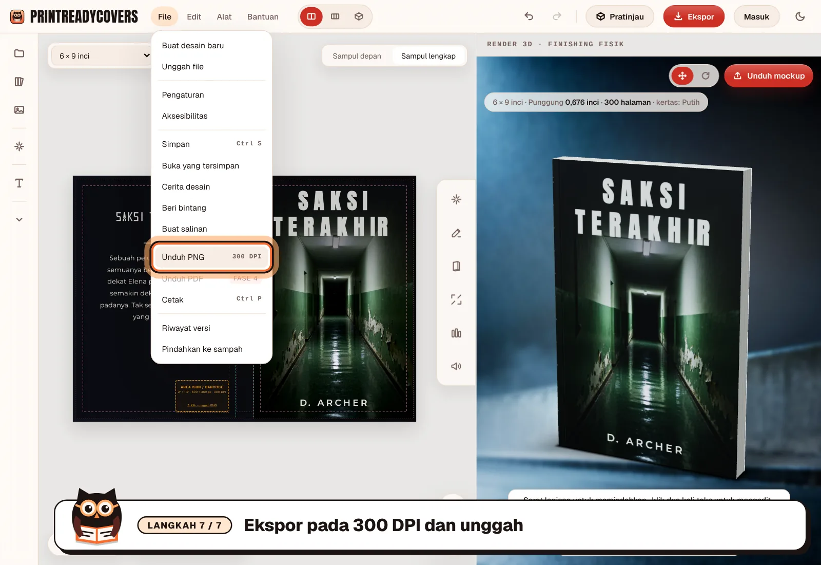 Ekspor pada 300 DPI dan unggah — tangkapan layar studio PrintReadyCovers