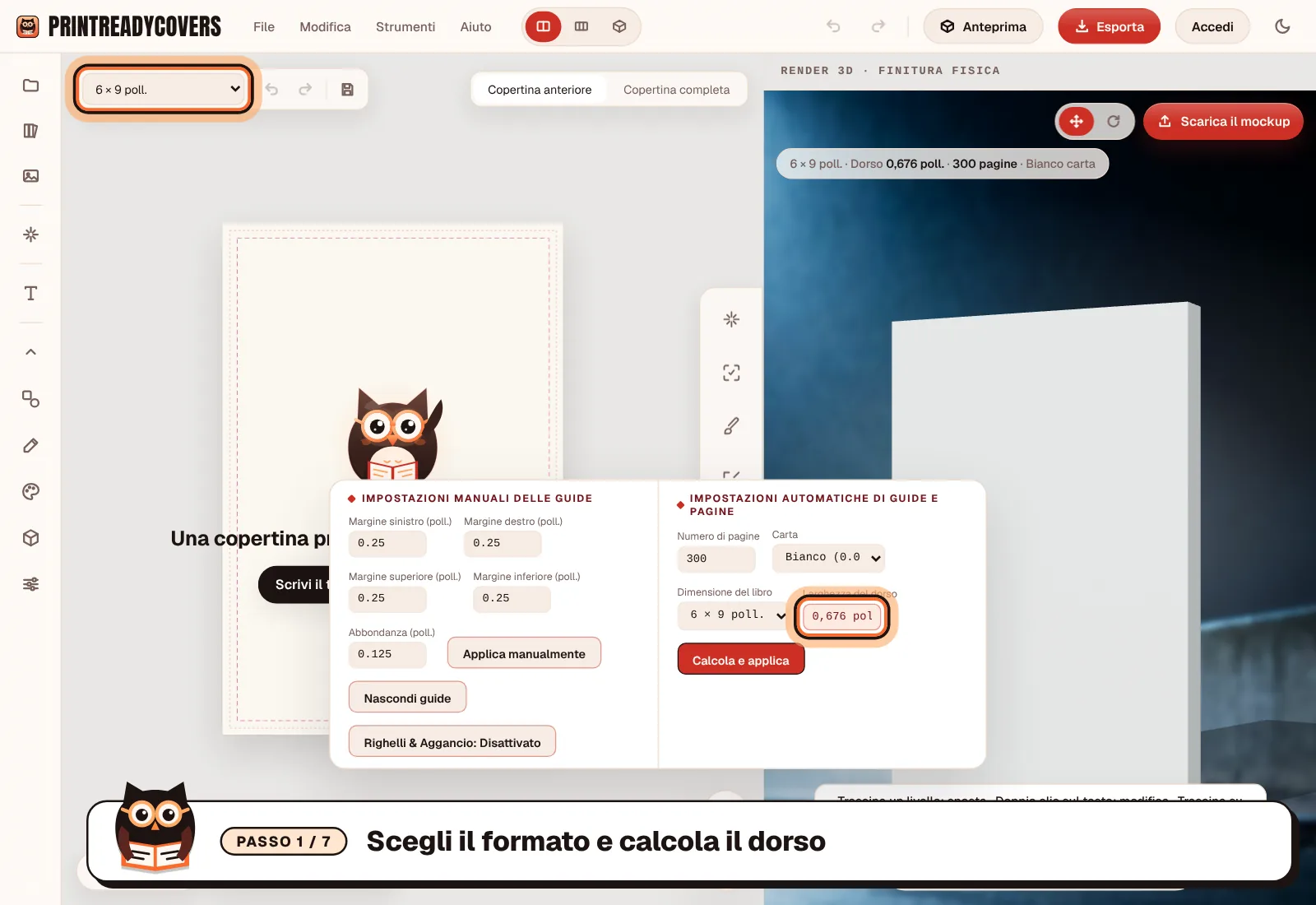 Scegli il formato e calcola il dorso — screenshot dello studio PrintReadyCovers