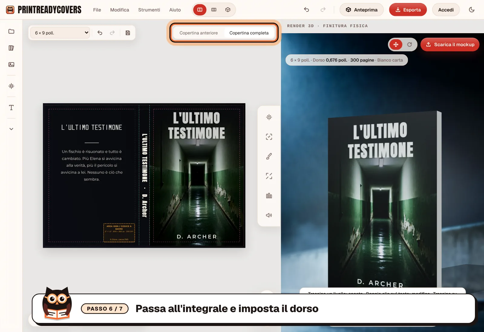 Passa all'integrale e imposta il dorso — screenshot dello studio PrintReadyCovers