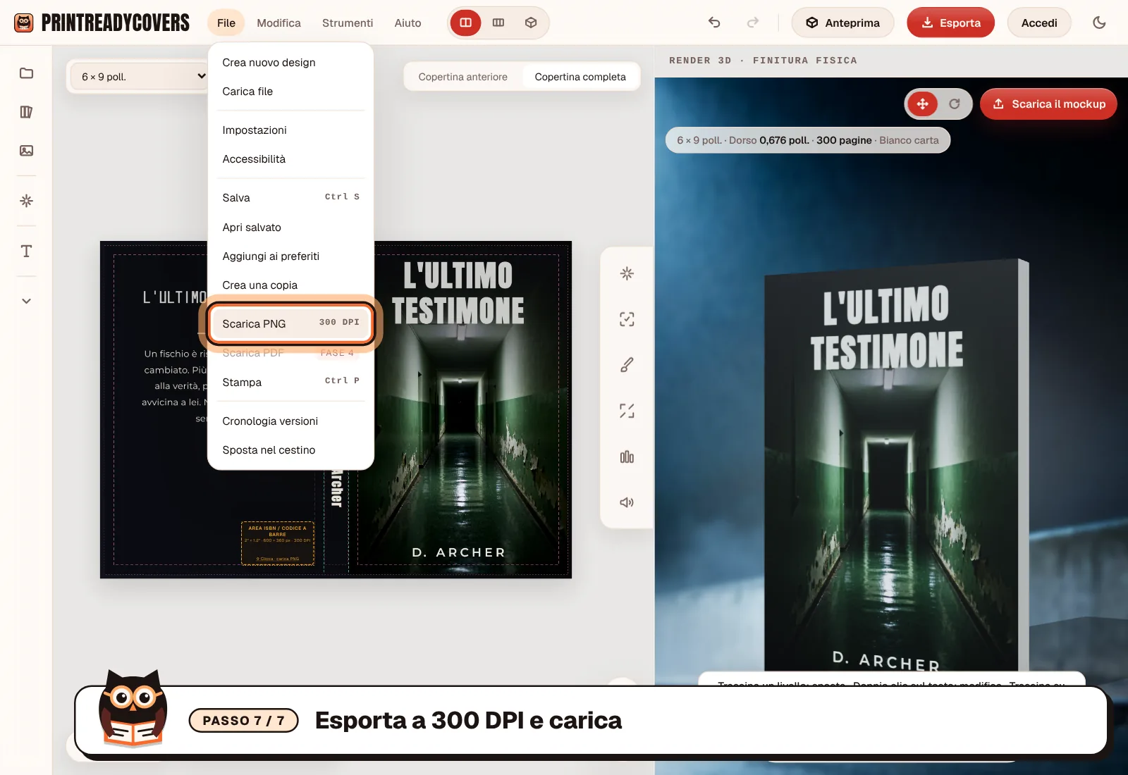 Esporta a 300 DPI e carica — screenshot dello studio PrintReadyCovers