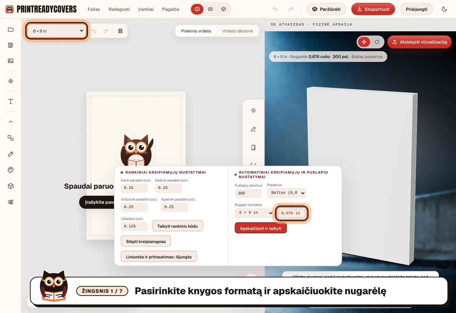 Pasirinkite knygos formatą ir apskaičiuokite nugarėlę — PrintReadyCovers studijos ekrano kopija