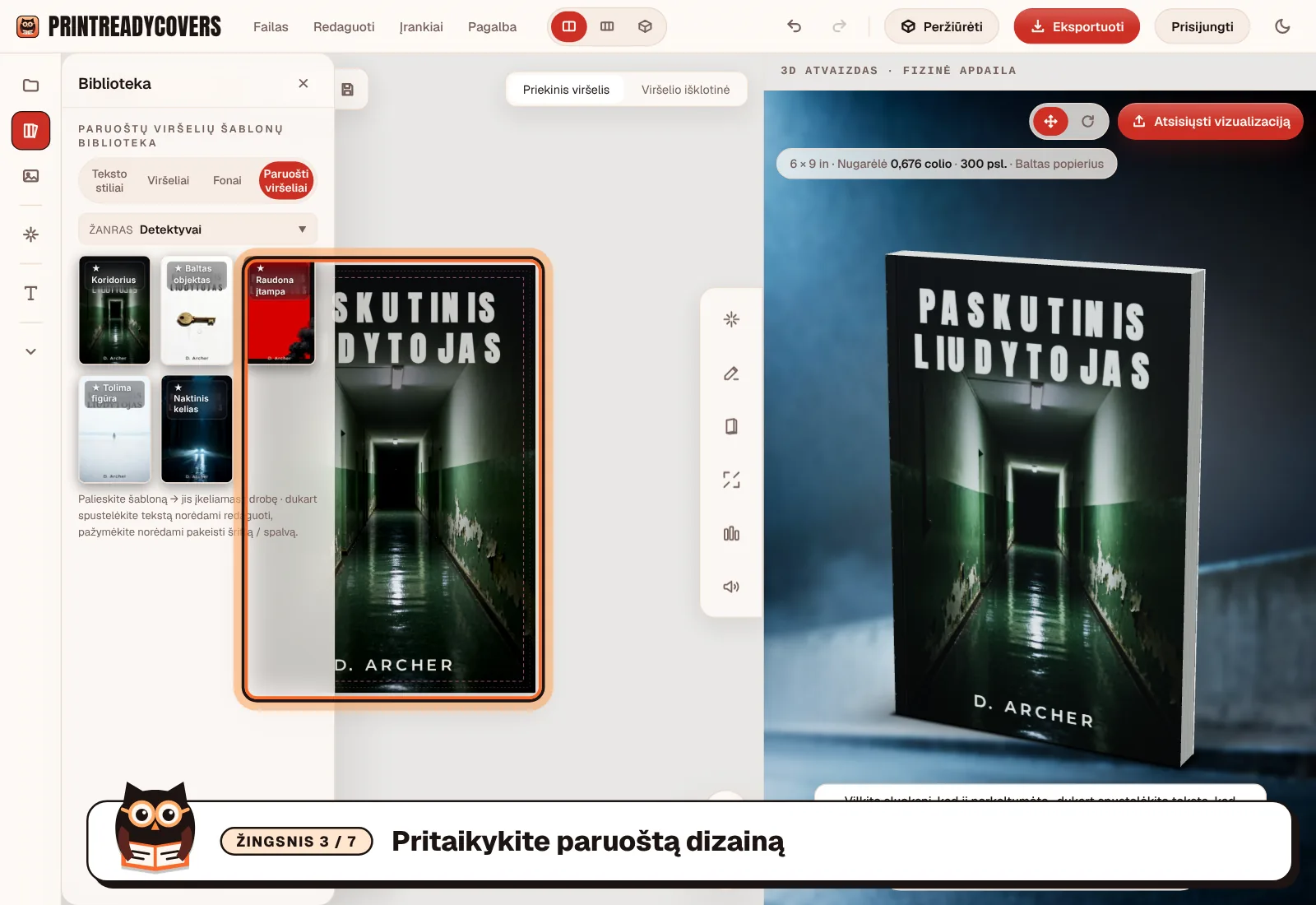 Pritaikykite paruoštą dizainą — PrintReadyCovers studijos ekrano kopija
