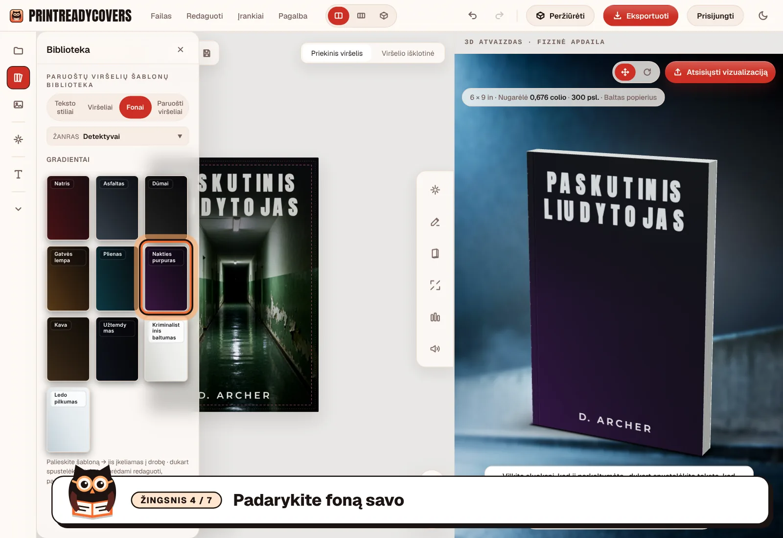 Padarykite foną savo — PrintReadyCovers studijos ekrano kopija