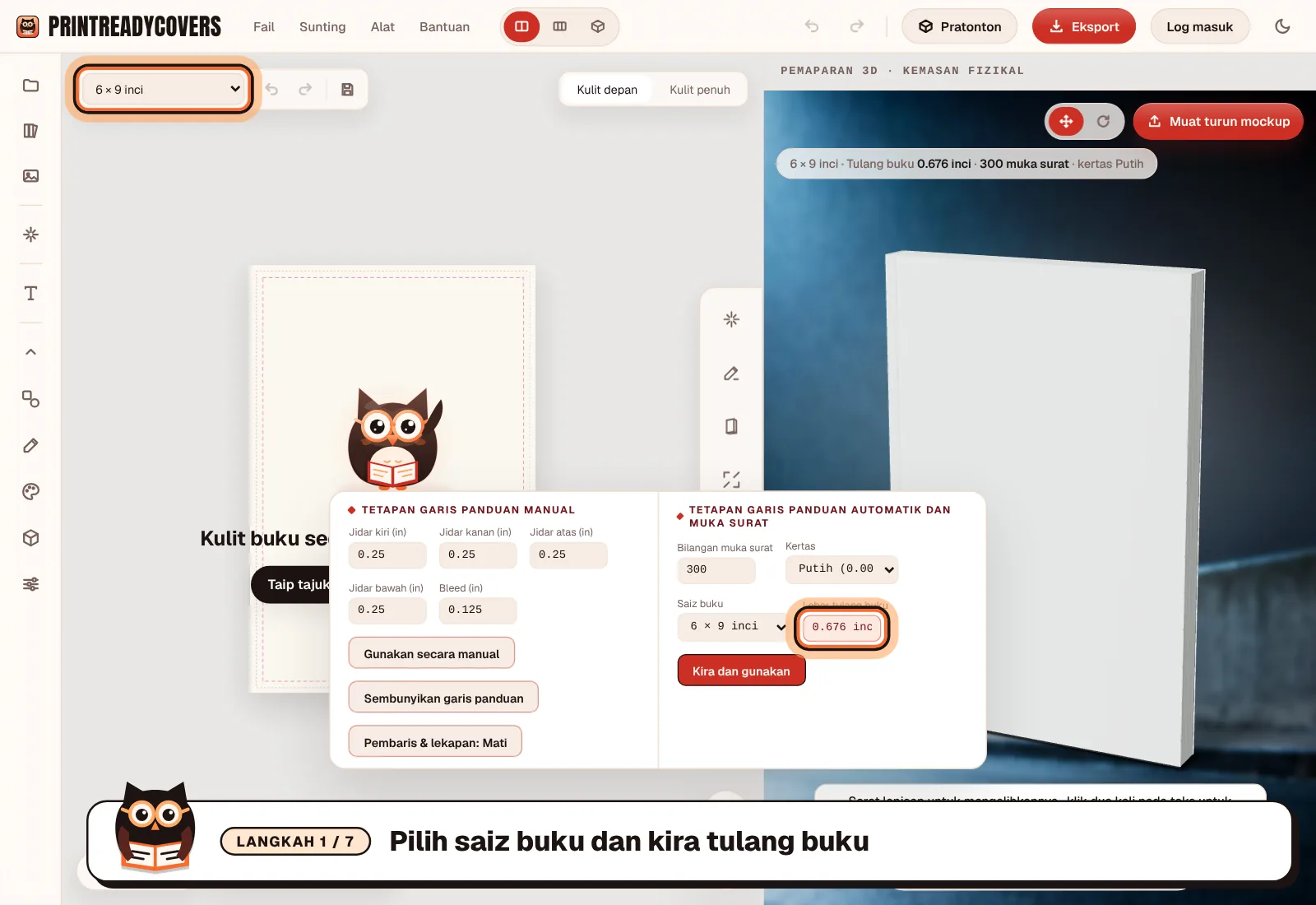 Pilih saiz buku dan kira tulang buku — tangkapan skrin studio PrintReadyCovers