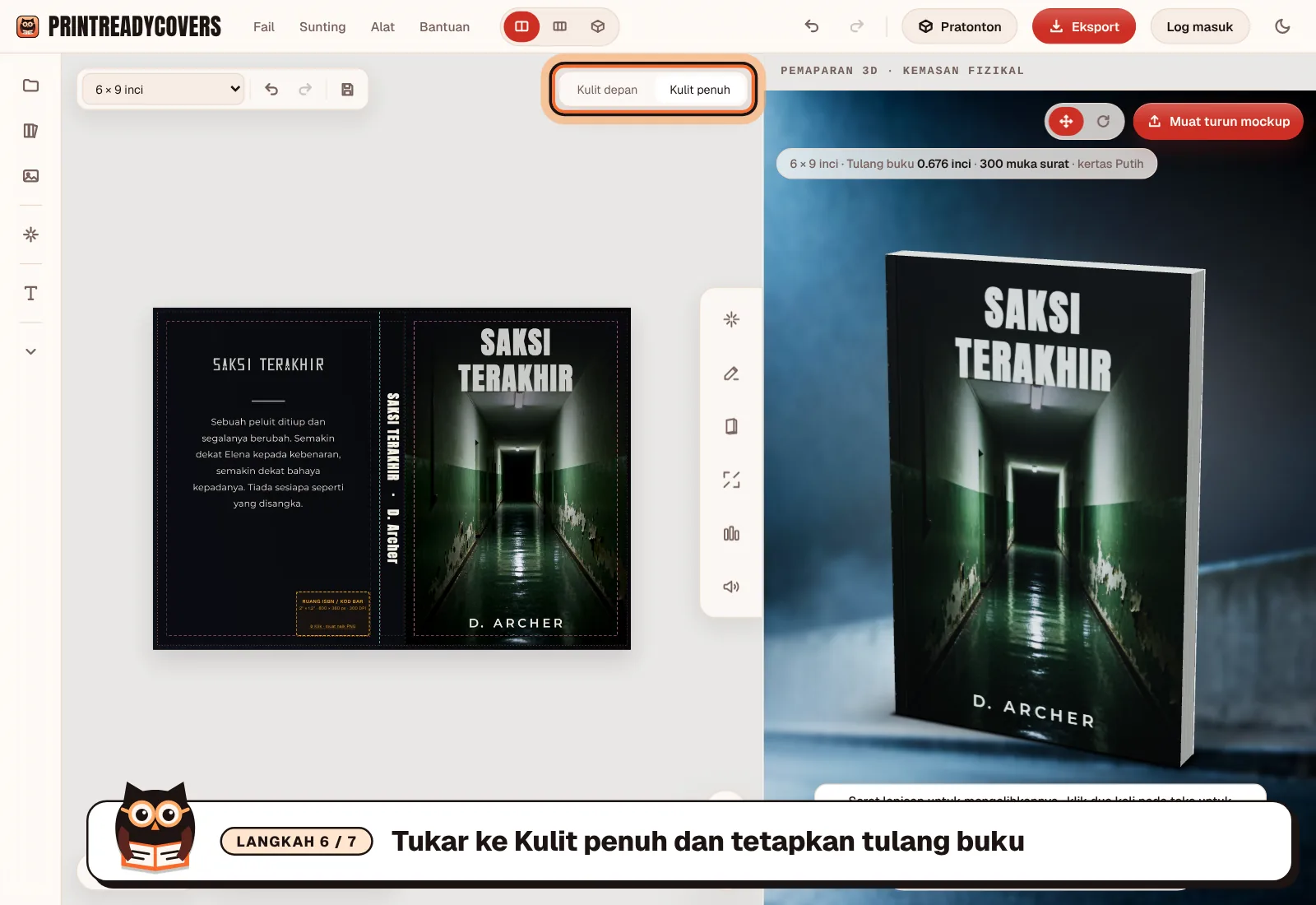 Tukar ke Kulit penuh dan tetapkan tulang buku — tangkapan skrin studio PrintReadyCovers
