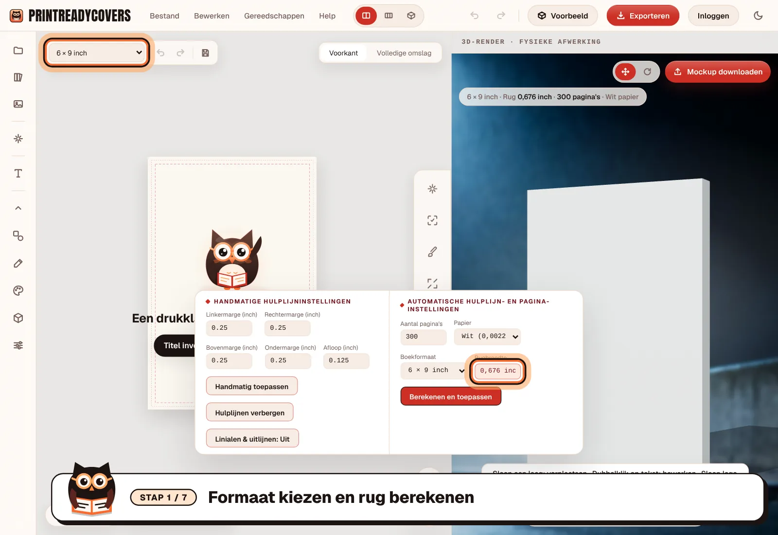 Formaat kiezen en rug berekenen — screenshot van de PrintReadyCovers-studio