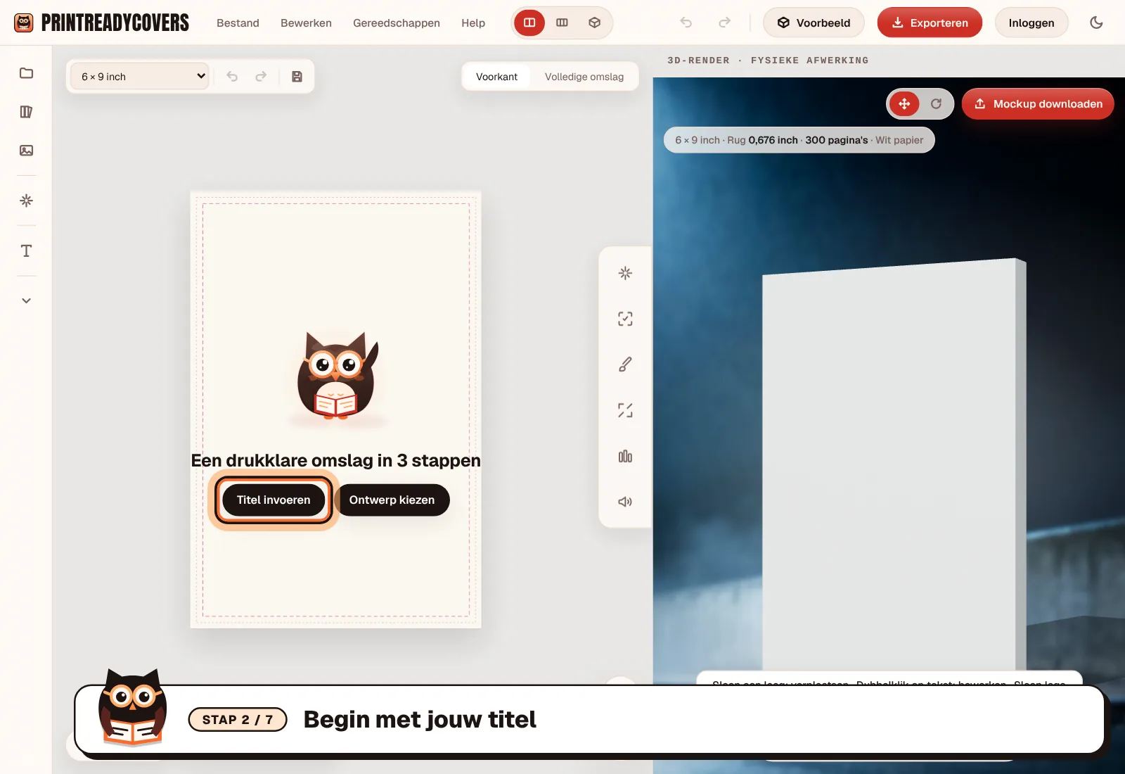 Begin met jouw titel — screenshot van de PrintReadyCovers-studio