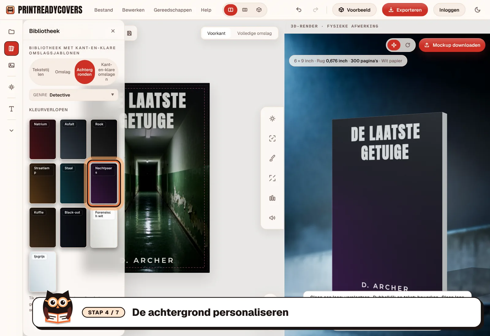 De achtergrond personaliseren — screenshot van de PrintReadyCovers-studio