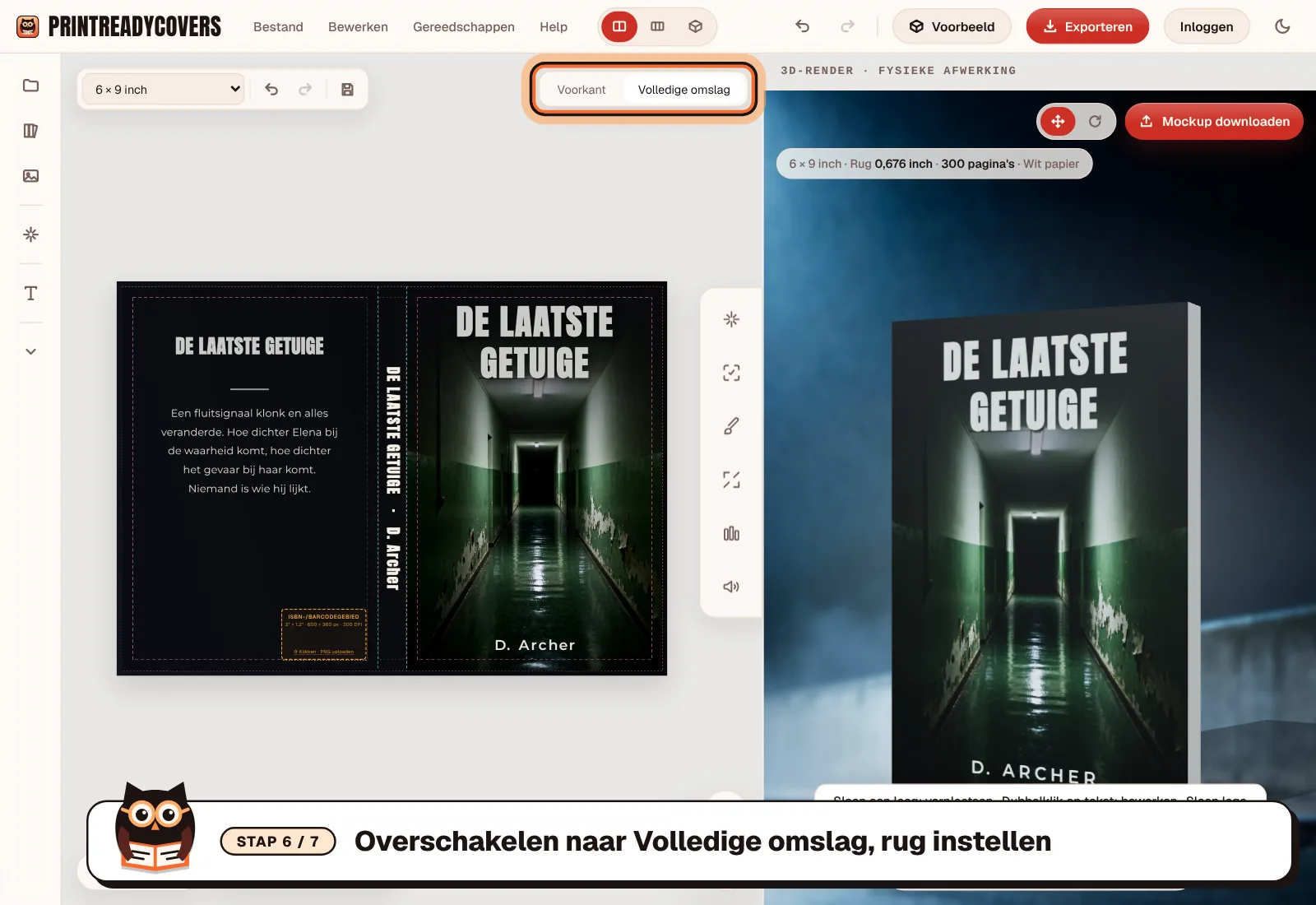 Overschakelen naar Volledige omslag, rug instellen — screenshot van de PrintReadyCovers-studio