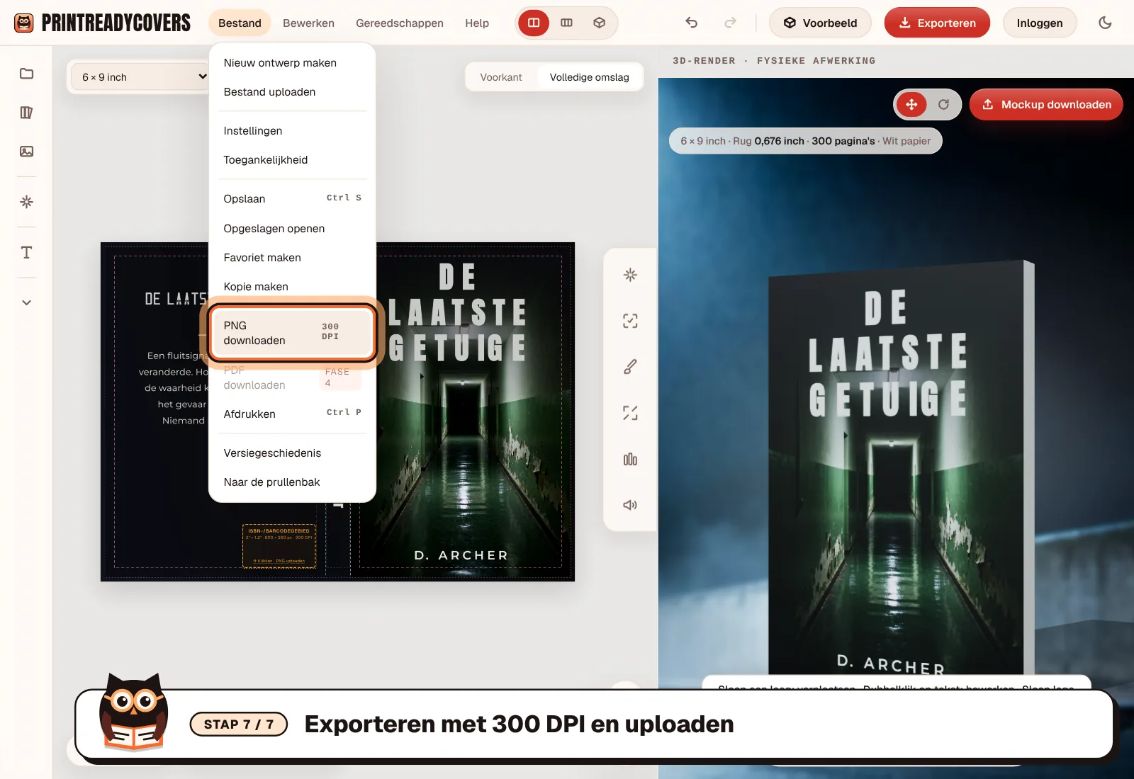 Exporteren met 300 DPI en uploaden — screenshot van de PrintReadyCovers-studio