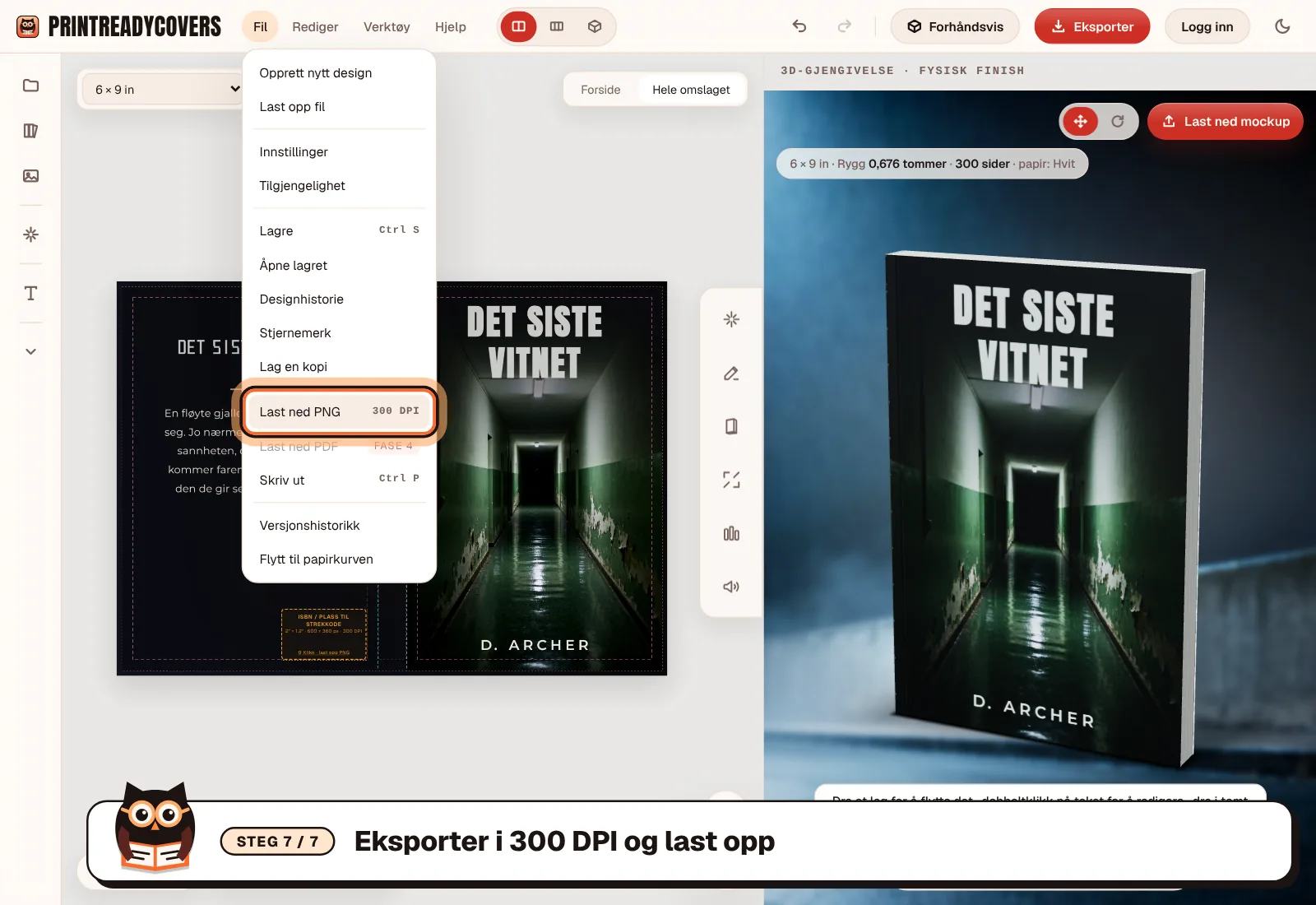 Eksporter i 300 DPI og last opp — skjermbilde av PrintReadyCovers-studioet