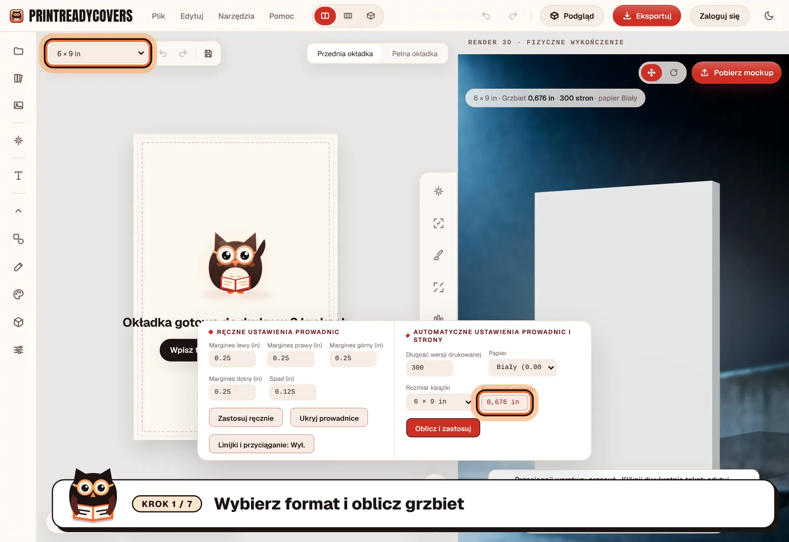 Wybierz format i oblicz grzbiet — zrzut ekranu studia PrintReadyCovers