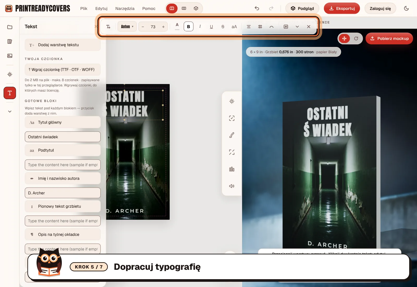 Dopracuj typografię — zrzut ekranu studia PrintReadyCovers