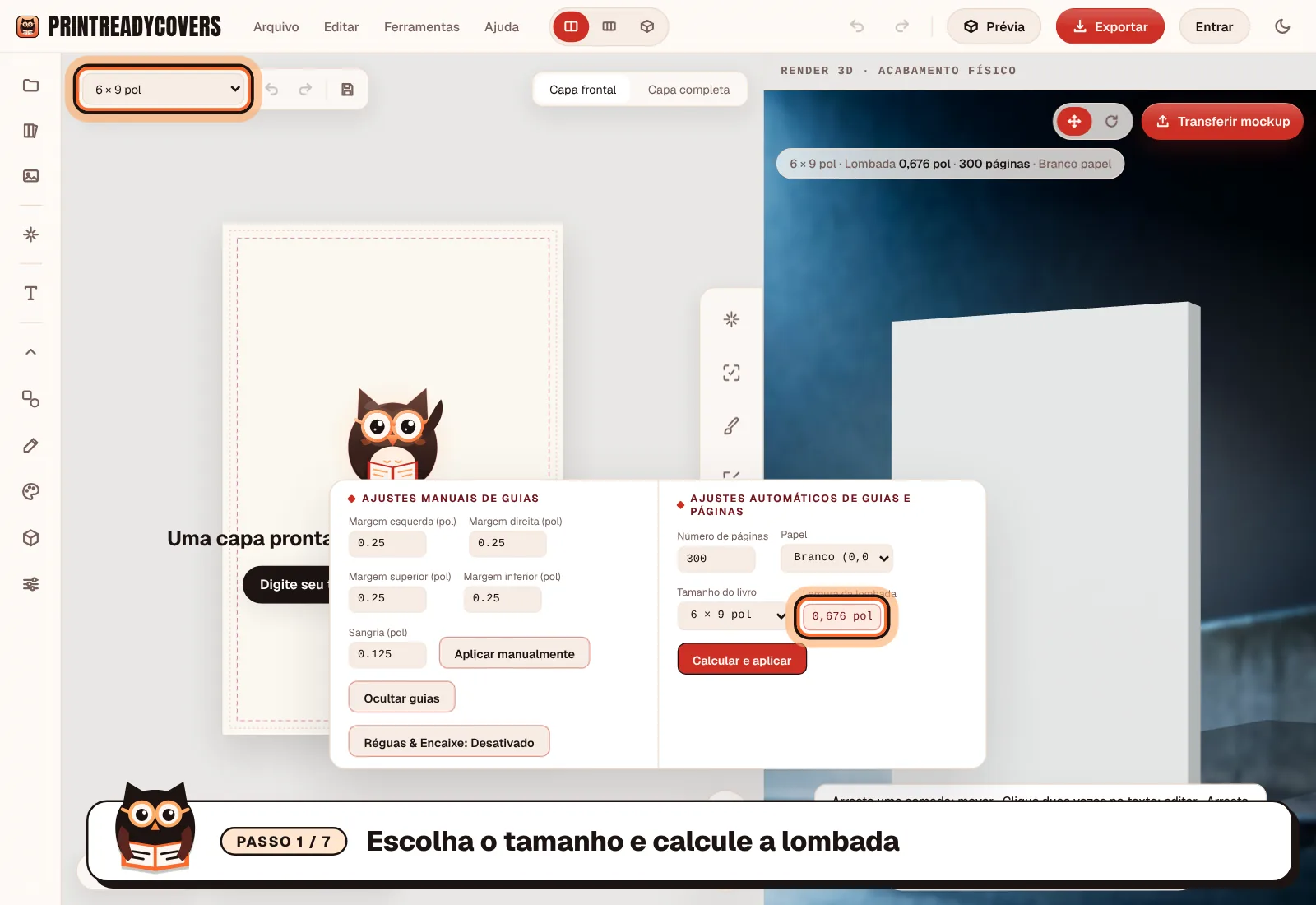 Escolha o tamanho e calcule a lombada — captura do estúdio PrintReadyCovers