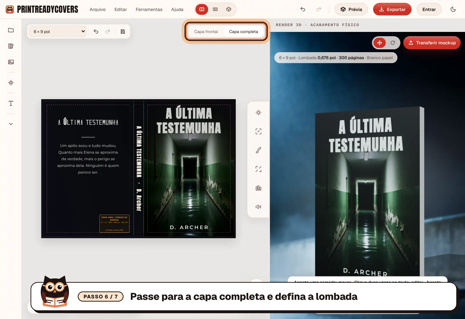 Passe para a capa completa e defina a lombada — captura do estúdio PrintReadyCovers