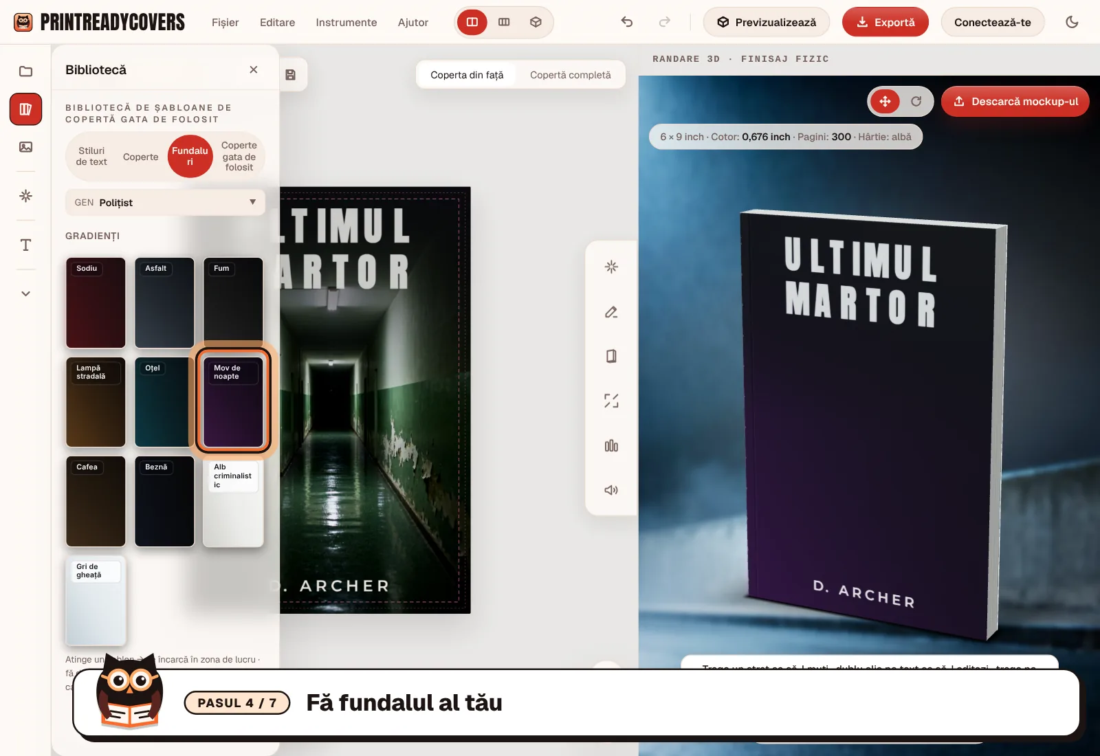 Fă fundalul al tău — captură de ecran a studioului PrintReadyCovers