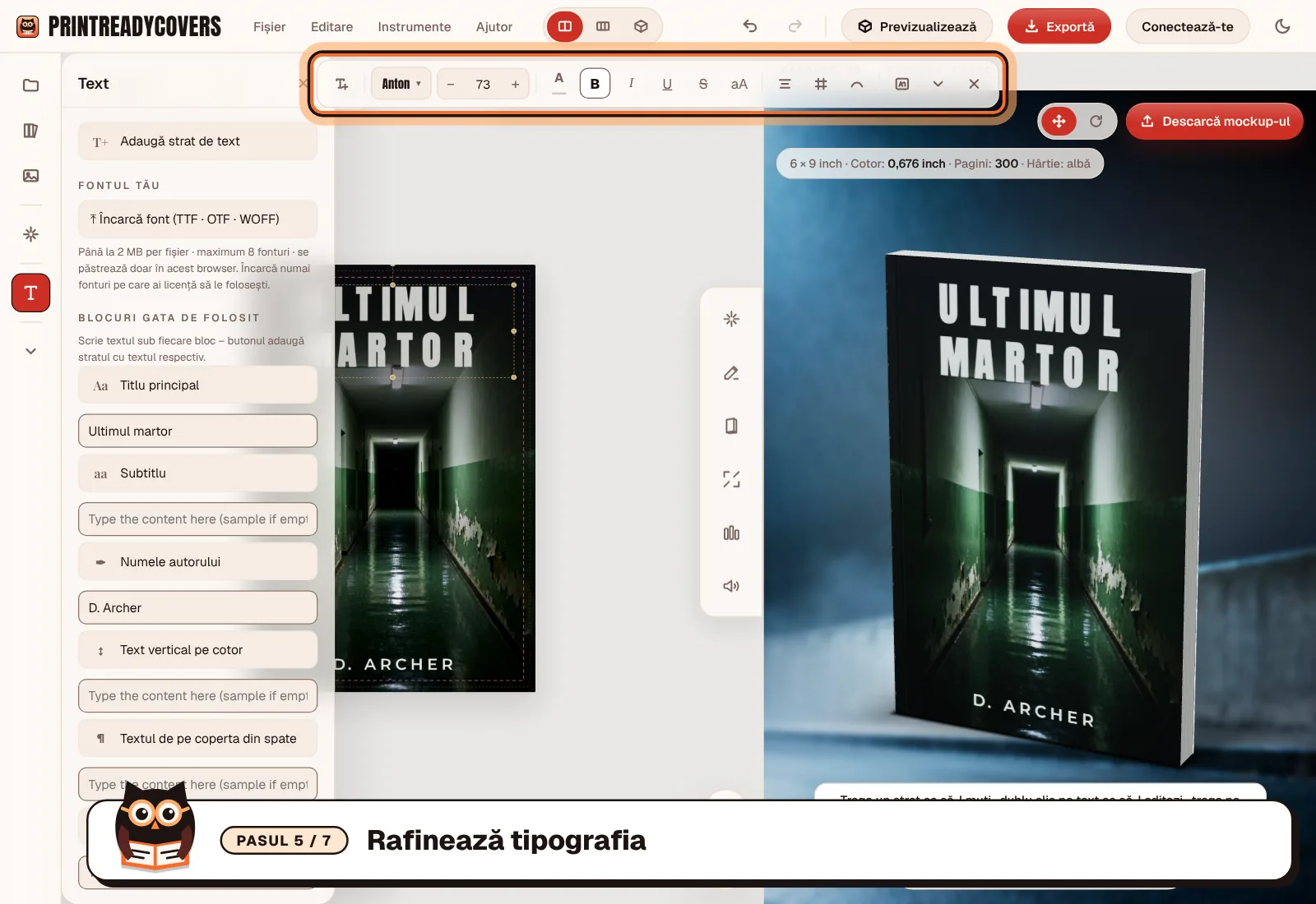 Rafinează tipografia — captură de ecran a studioului PrintReadyCovers