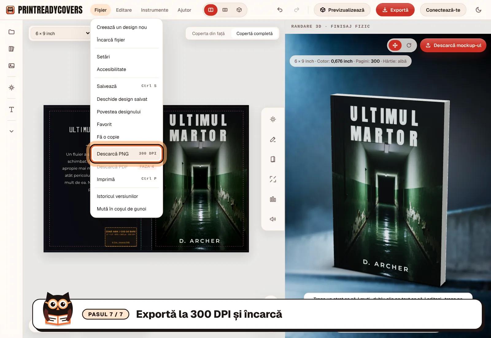 Exportă la 300 DPI și încarcă — captură de ecran a studioului PrintReadyCovers