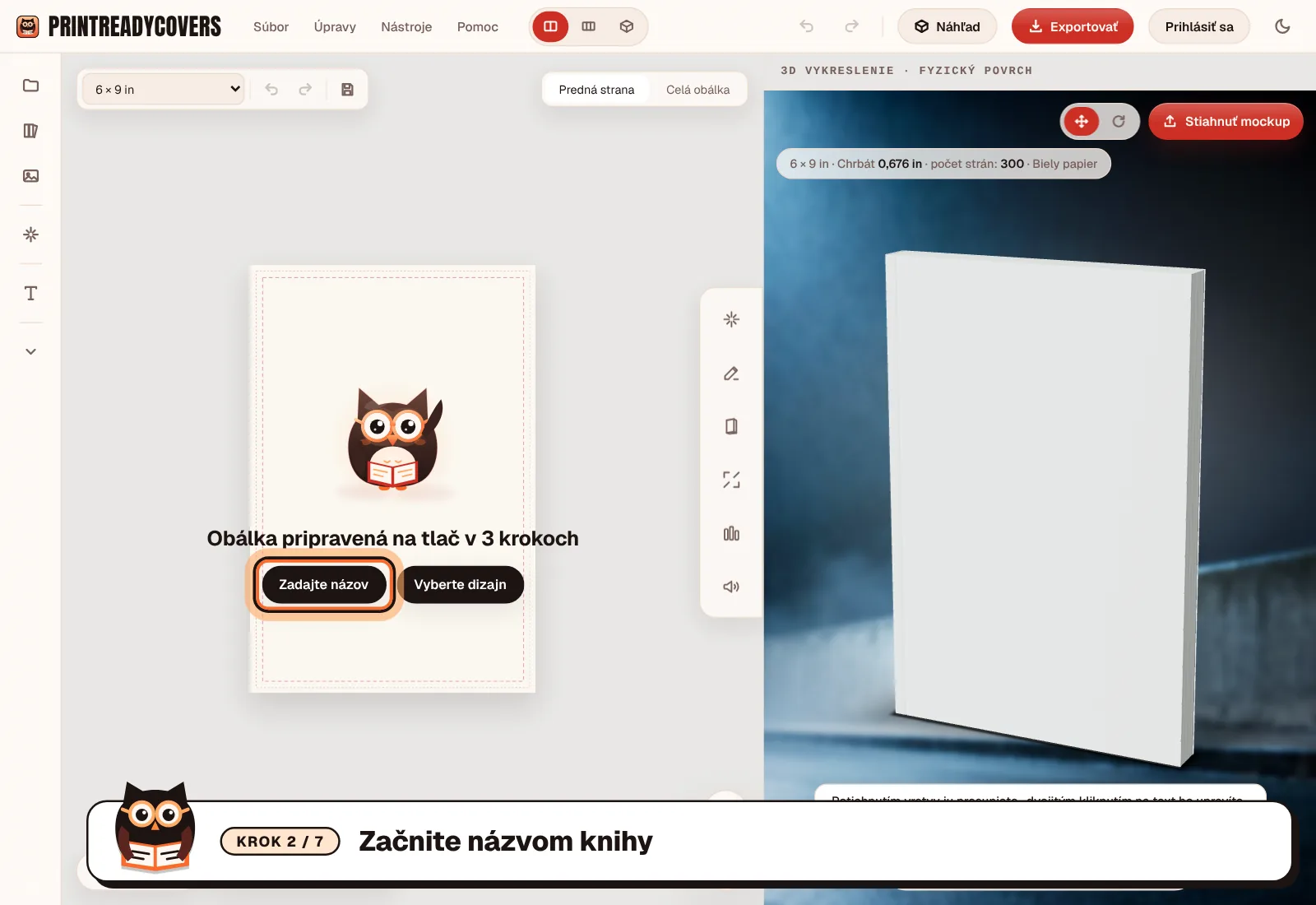 Začnite názvom knihy — snímka obrazovky štúdia PrintReadyCovers