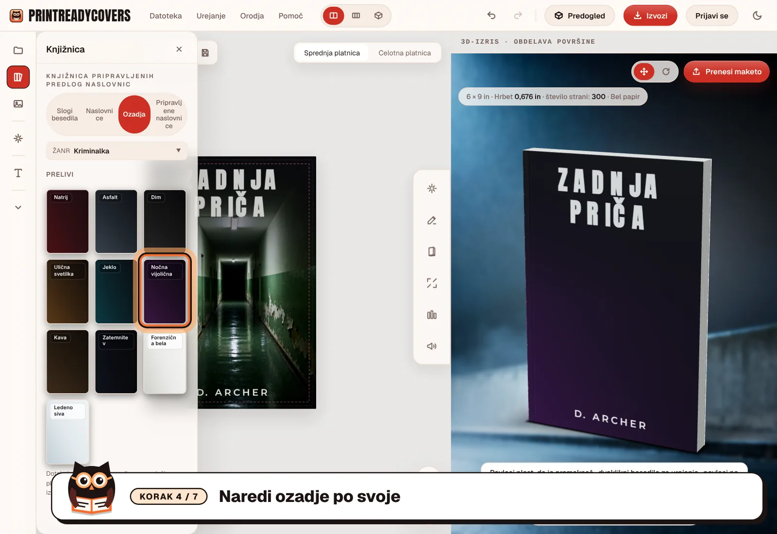 Naredi ozadje po svoje — posnetek zaslona studia PrintReadyCovers