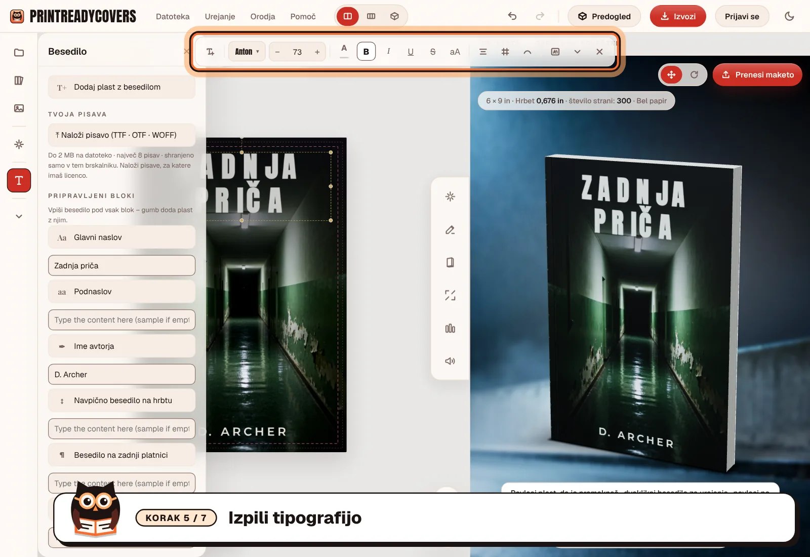 Izpili tipografijo — posnetek zaslona studia PrintReadyCovers